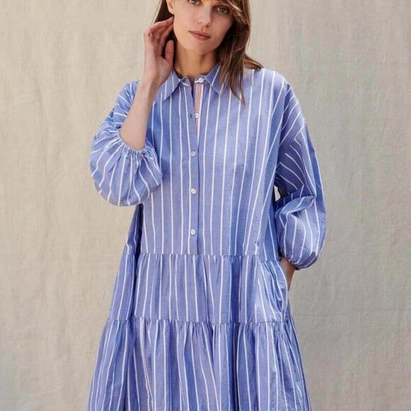 Sundry Stripe Short Tiered Mini Drees Shirt Buttondown Cotton Beach S NWT 277897 - Picture 2 of 10